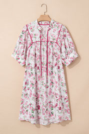 Pink Floral Split Neck Short Sleeve Loose Plus Size Mini Dress