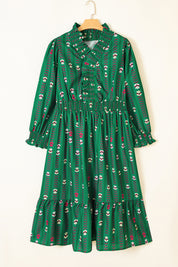 Green Floral Print V Neck Long Sleeve Shift Plus Size Dress