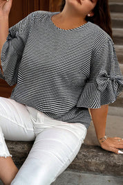 Black Plus Size Plaid Bow Decor Bell Sleeve Round Neck Jumper