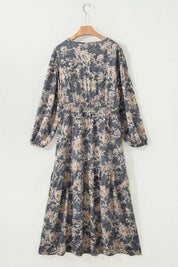 Sky Blue Plus Size Floral Print Split Neck Shirred High Waist Long Sleeve Maxi Dress