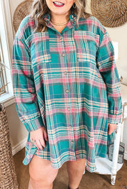 Green Plaid Button-Up Shift Long Sleeve V Neck Plus Size Dress