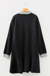 Black Plus Size Striped Cuffs Polo Collar Patchwork Long Sleeve Ruffle Hem Dress