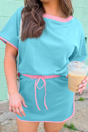 Bonbon Plus Size Contrast Trim T Shirt and Skirt Two Piece Set