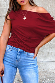 Black Plus Size Solid Color Asymmetric Neck Short Sleeve Blouse