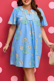 Sky Blue Plus Periwinkle Floral Printed Short Sleeve Striped Trim Split Neck Mini Dress