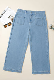 Dusk Blue Patched Pocket Textured Wide Leg Plus Size Jeans