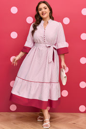 Red Stripe Plus Size Ruffled Hem Pinstriped Midi Dress