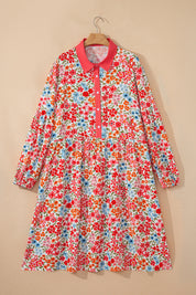 Pink Plus Size Button V Neck Leopard Print Puff Sleeve Loose Mini Dress