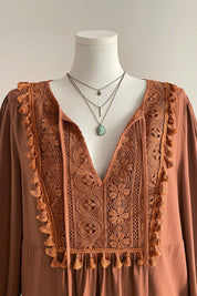 Chestnut Boho V Neck Embroidered Tassel Long Sleeve Plus Size Blouse