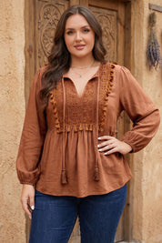 Chestnut Boho V Neck Embroidered Tassel Long Sleeve Plus Size Blouse