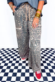Khaki Plus Size Leopard Print Raw Edge Patch Pocket Drawstring Loose Pants