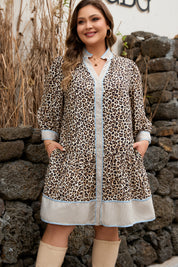 Khaki Plus Size Leopard Print Striped Trim V Neck Drop Waist Long Sleeve Mini Dress