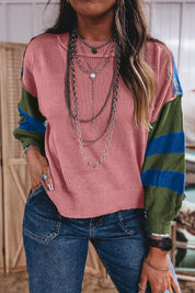 Multicolour Western Colorblock Patchwork Striped Long Sleeve Pullover Sweater