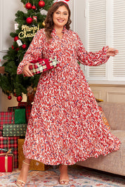 Red Plus Size Abstract Print Notch V Neck High Waist Maxi Dress