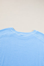 Light Blue Plus Size Ribbed Long Sleeve Top and Drawstring Shorts Set