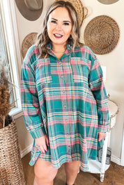 Green Plaid Button-Up Shift Long Sleeve V Neck Plus Size Dress