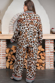 Khaki Plus Leopard Print Contrast Piping Striped Patchwork 2pcs Long Pajama Set
