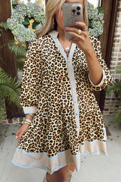 Khaki Plus Size Leopard Print Striped Trim V Neck Drop Waist Long Sleeve Mini Dress