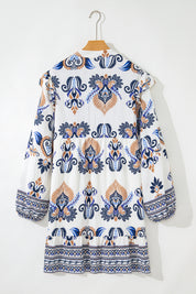 Sky Blue Plus Size Boho Print Split Neck Long Sleeve Mini Dress