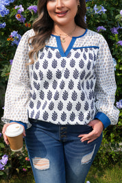 White Plus Size Boho Floral Print Contrast Trim Split Neck Puff Sleeve Patchwork Blouse
