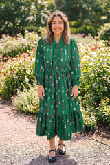 Green Floral Print V Neck Long Sleeve Shift Plus Size Dress