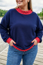Racing Red Polka Dot Patchwork Round Neck Plus Size Sweatshirt