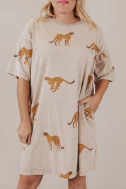 Apricot Plus Size Cheetah Print Side Pockets T Shirt Mini Dress