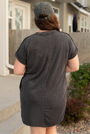 Carbon Grey Corded V Neck Plus Size T Shirt Dress with Pockets