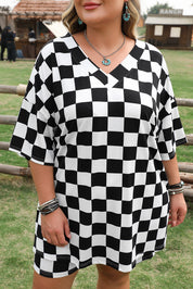 Black Checkered Pattern Tee and Shorts Plus Size Two Piece Set